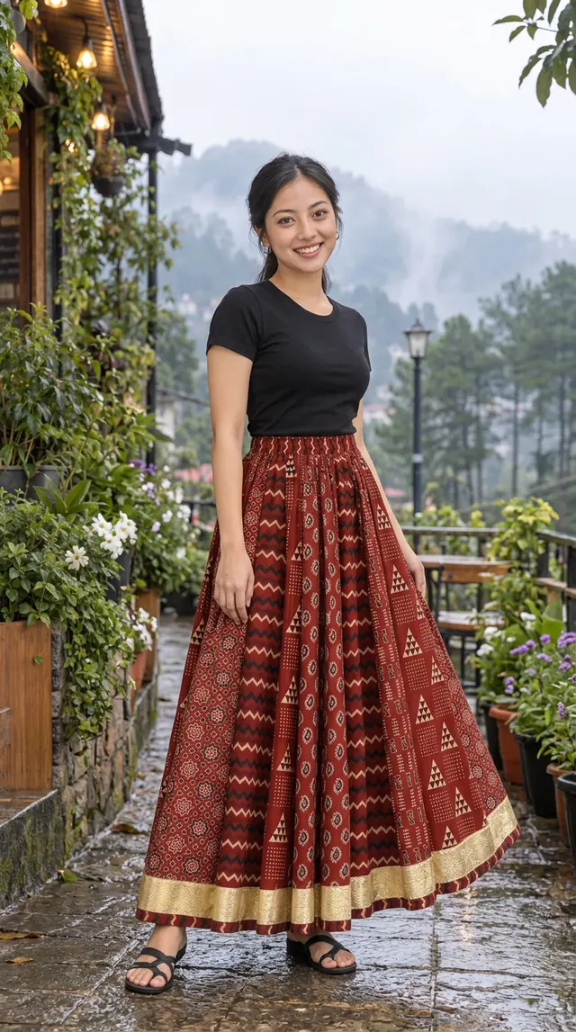 Naomi in the maxi skirt, angled view with misty hills behind